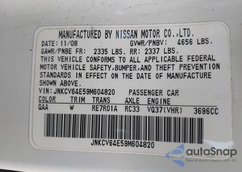 2009 Infiniti G37 from USA, damaged, VIN JNKCV64E59M604820